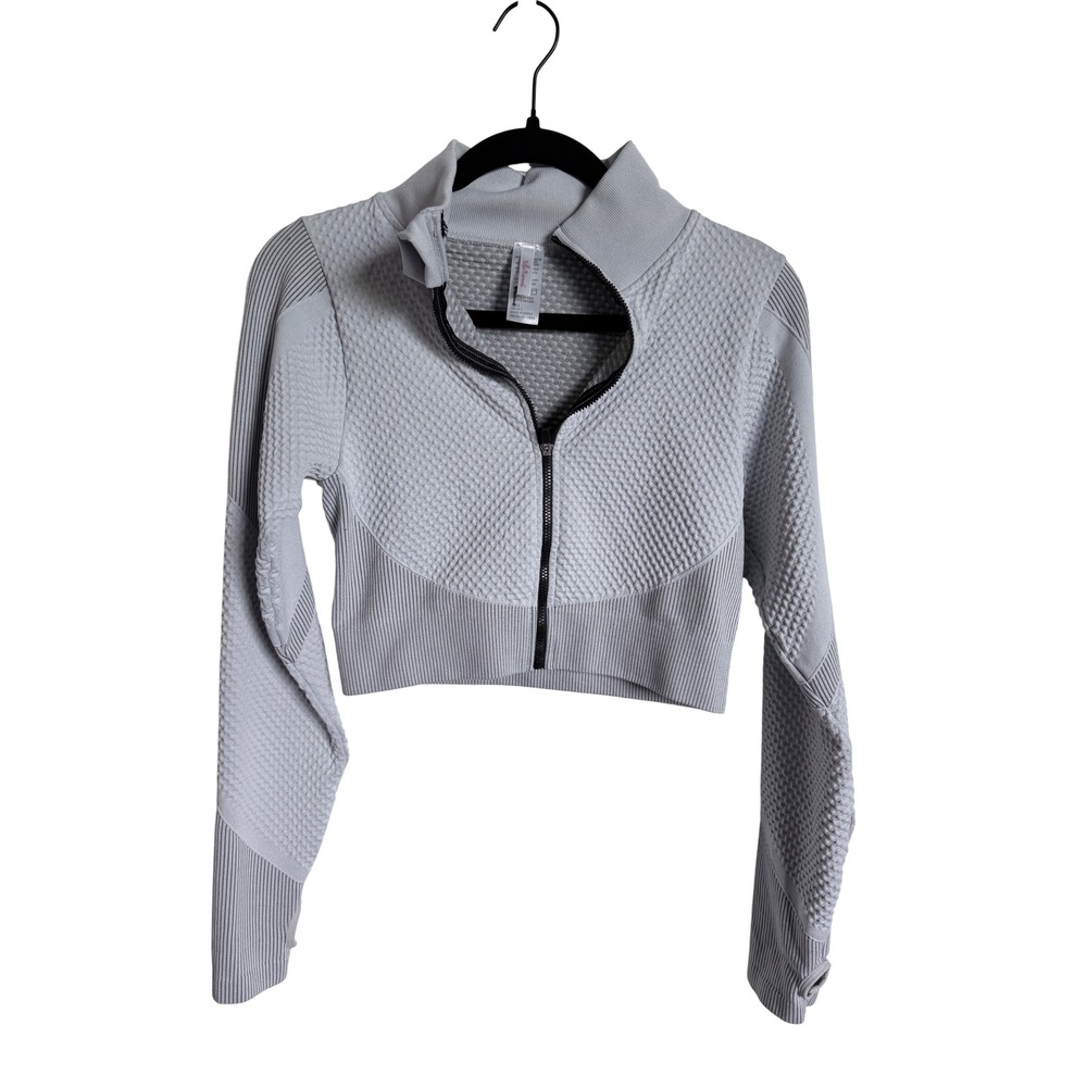 Bella Movement Women L Gray Seamless Crop Jacket Honeycomb Half Zip Athleisure